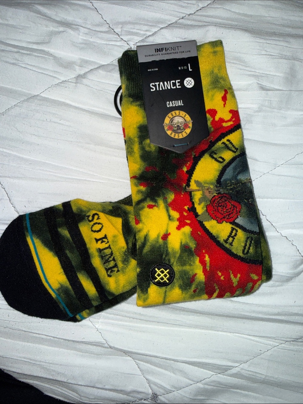 Stance Tie-Dye Crew Socks in Yellow, Black & Red with Guns & Roses Graphic